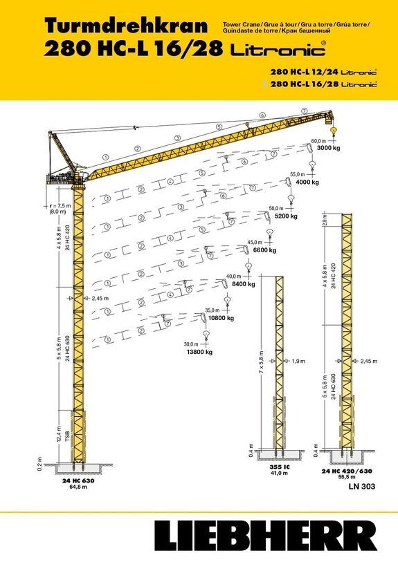 Грузовысотные характеристики башенного крана Liebherr 280 HC-L 16/28 Litronic